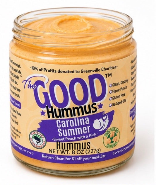 Jar of The Good Hummus Carolina Summer hummus on a white background