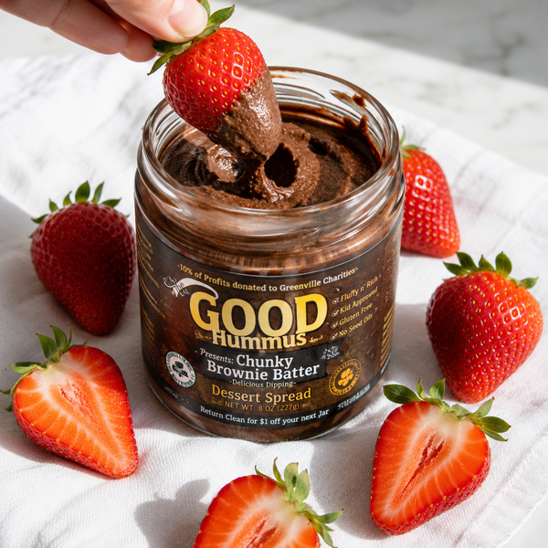 Chunky Brownie Batter Hummus with Fresh Strawberries