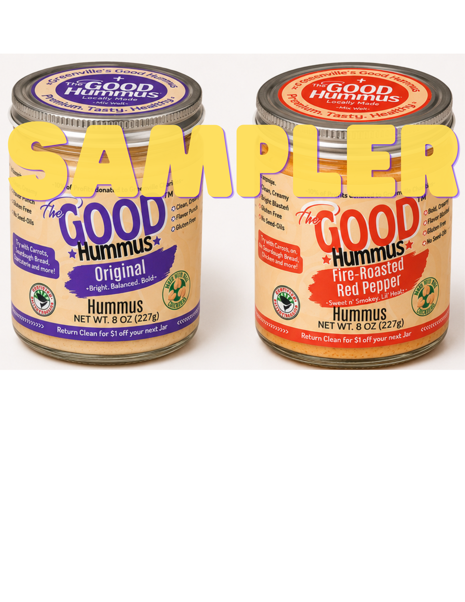 Two jars of Good Hummus on a white background with 'SAMPLER' text overlay.