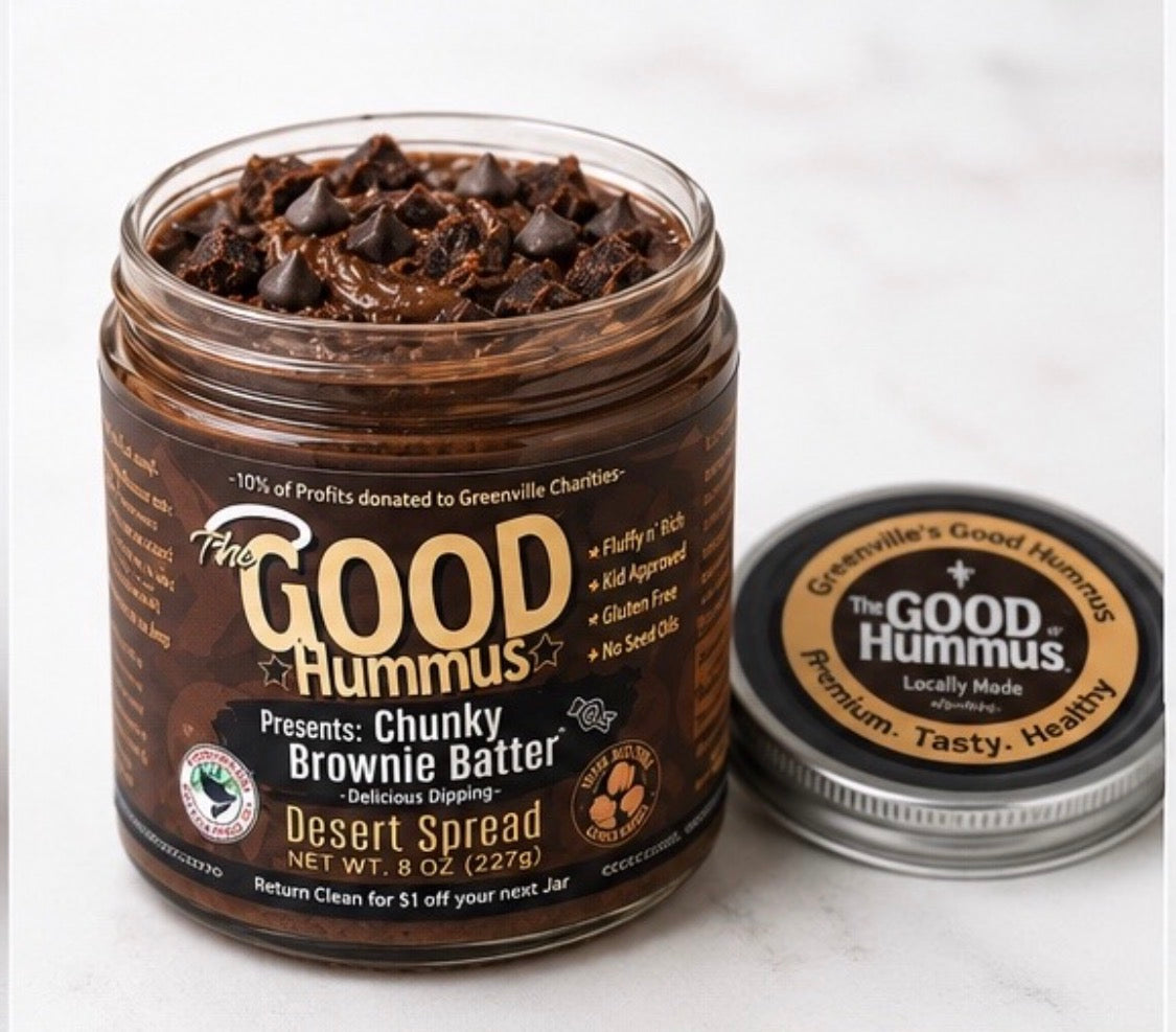 Jar of 'The Good Hummus' Chunky Brownie Batter Desert Spread on a white background