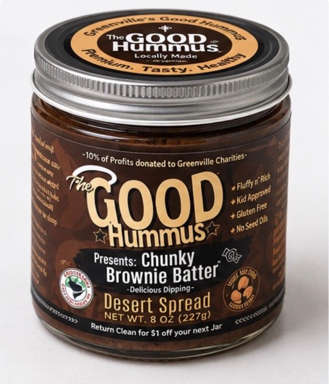 Jar of Good Hummus Chunky Brownie Batter Desert Spread on a white background