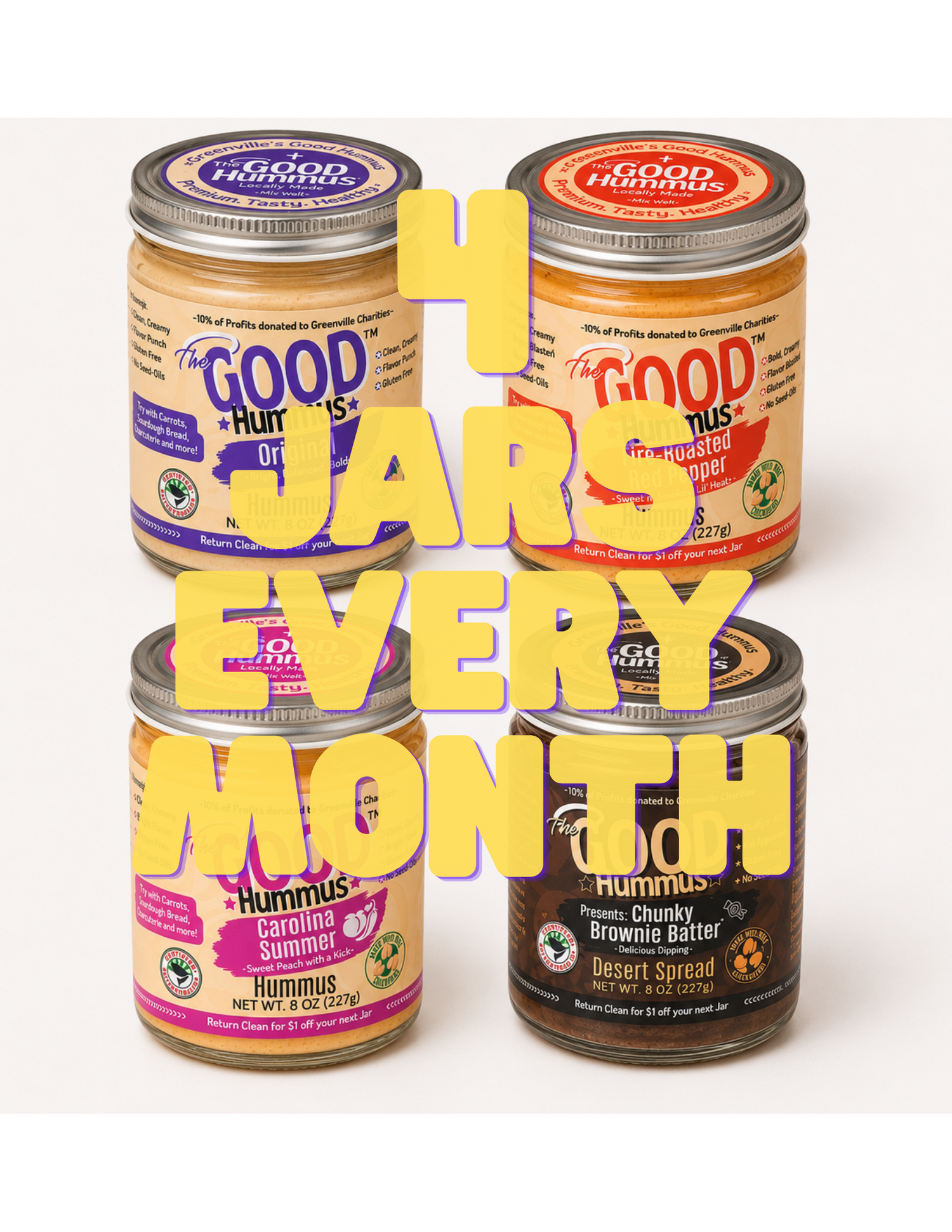 Four jars of Good Hummus with promotional text on a white background