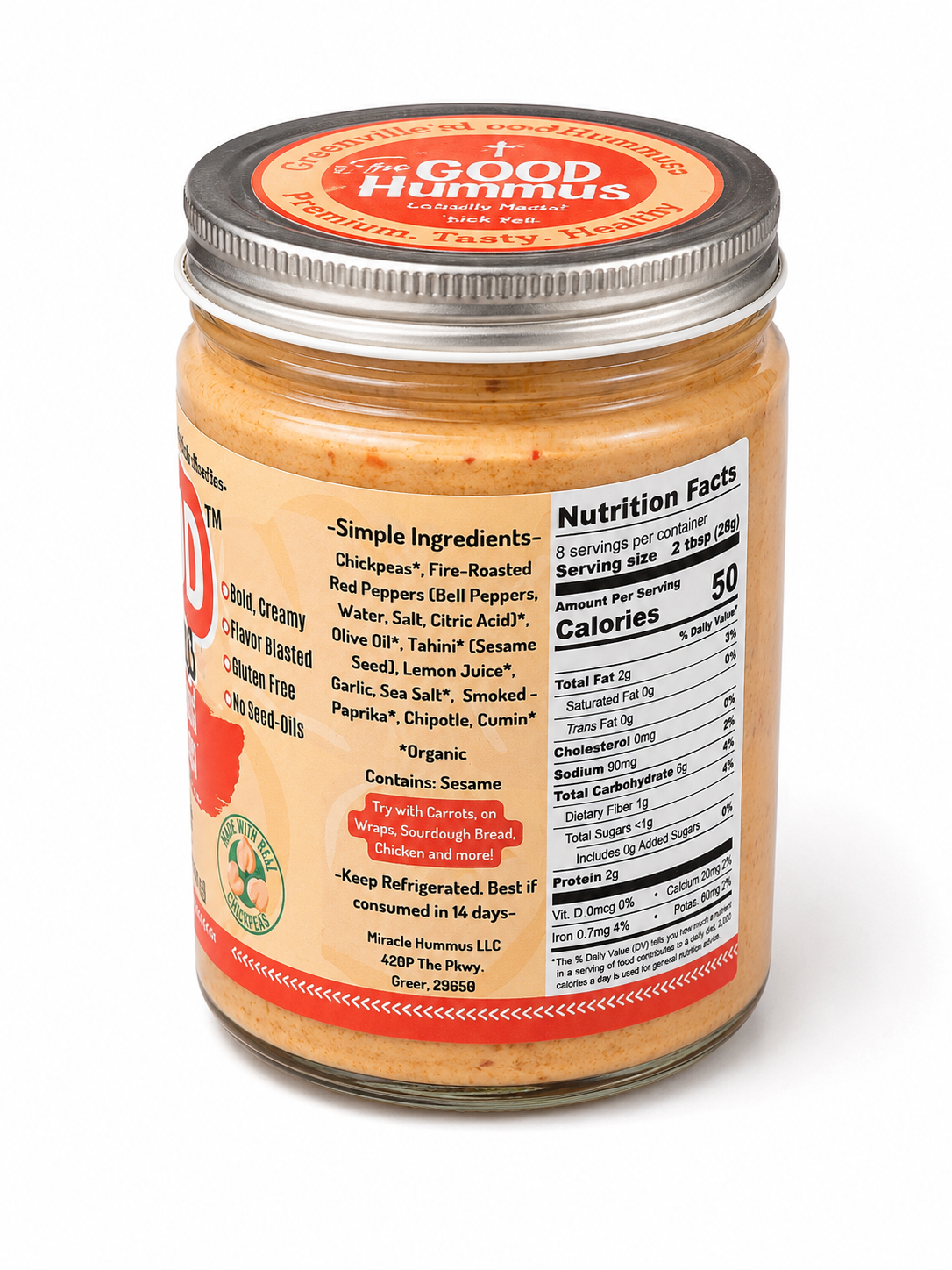 Jar of Good Hummus with label showing nutrition facts on a white background